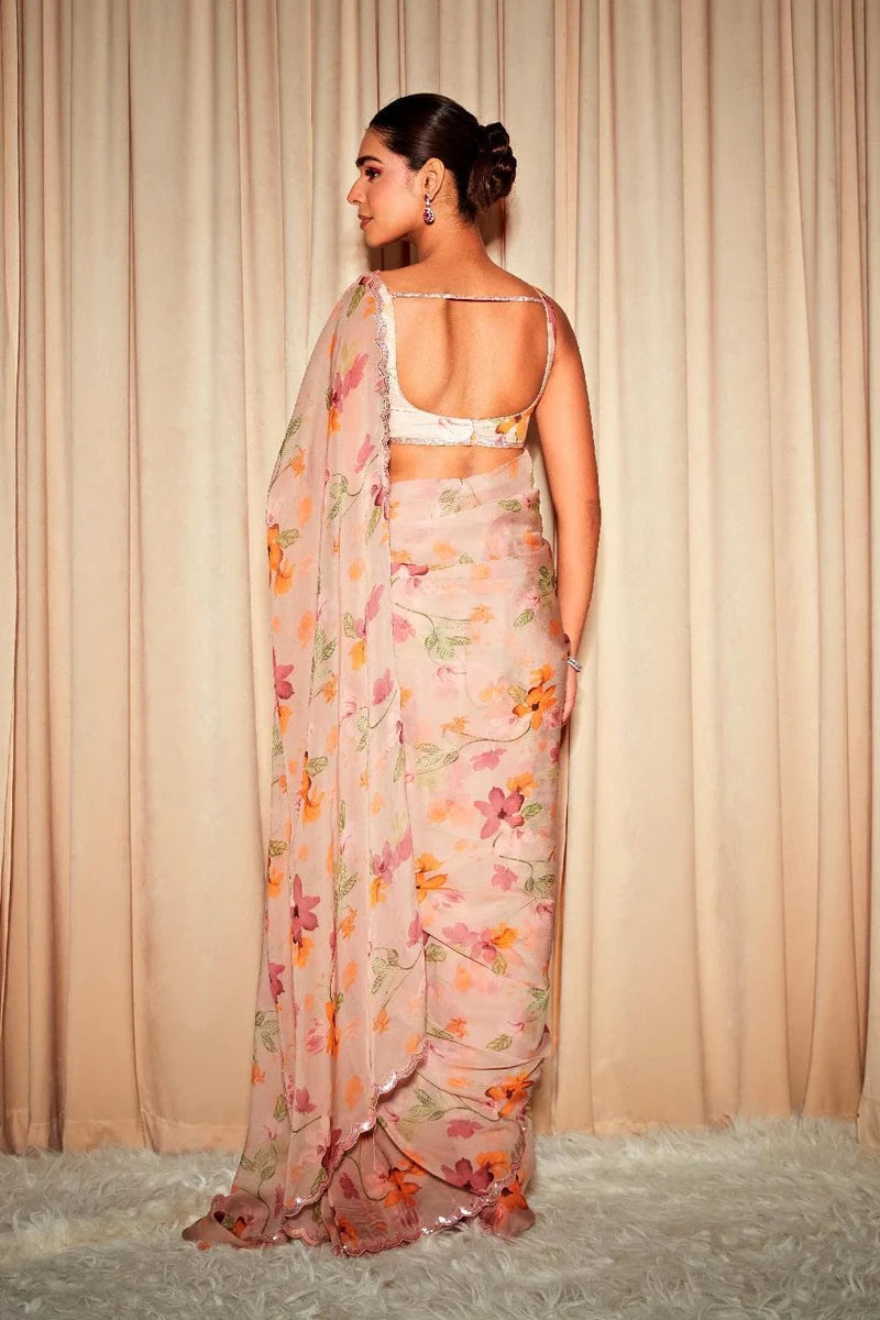 ARIA BEIGE FLORAL PRINTED HANDCRAFTED ORGANZA SAREE