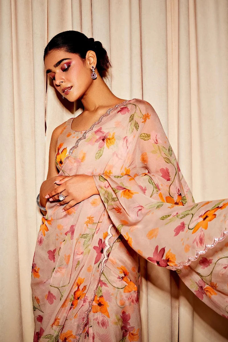 ARIA BEIGE FLORAL PRINTED HANDCRAFTED ORGANZA SAREE