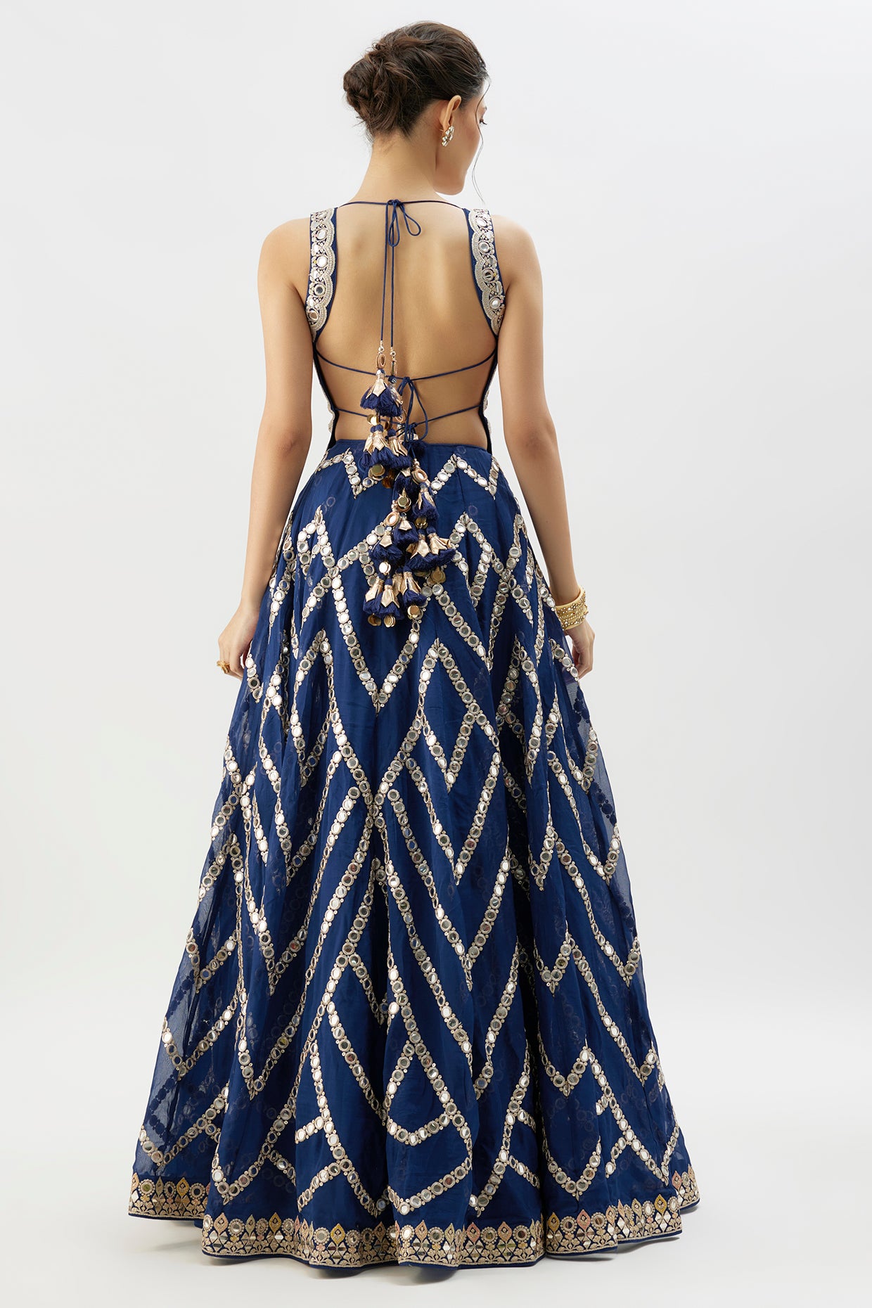 Blue Organza Mirror Embroidered Lehenga Set