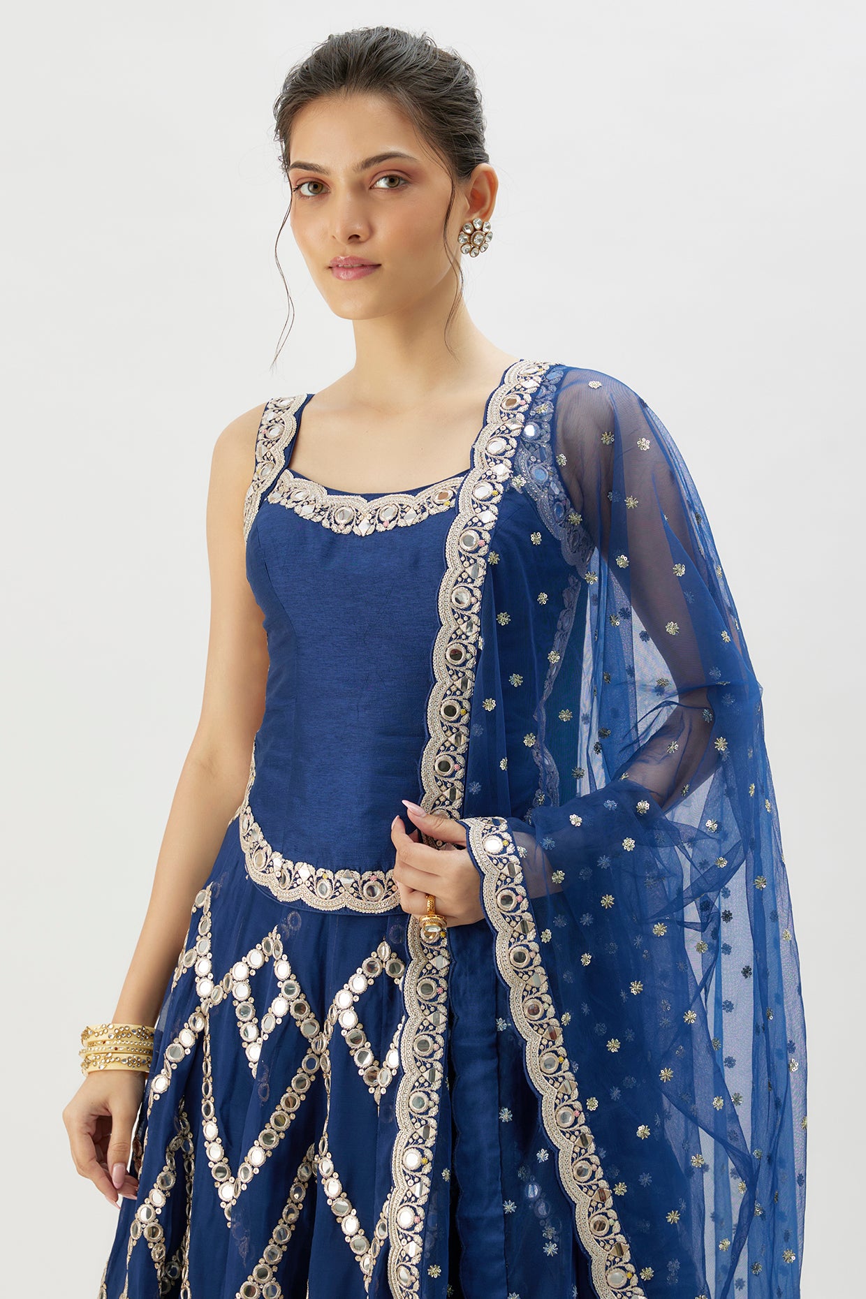 Blue Organza Mirror Embroidered Lehenga Set