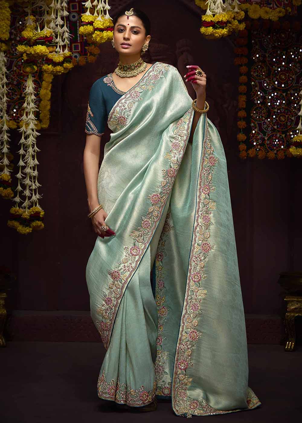 Aqua Blue Kanjivaram Silk Embroidered Designer Saree