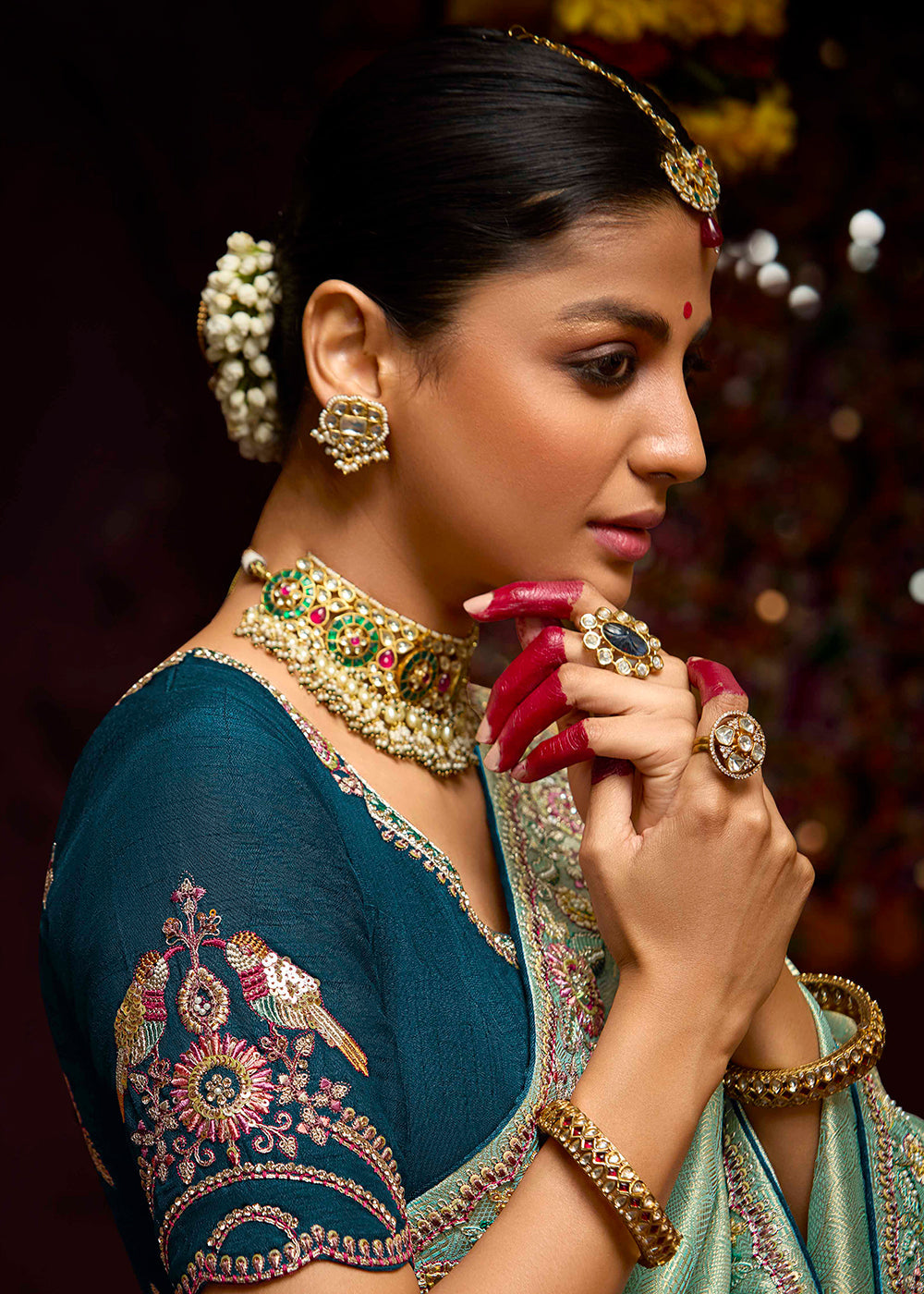 Aqua Blue Kanjivaram Silk Embroidered Designer Saree