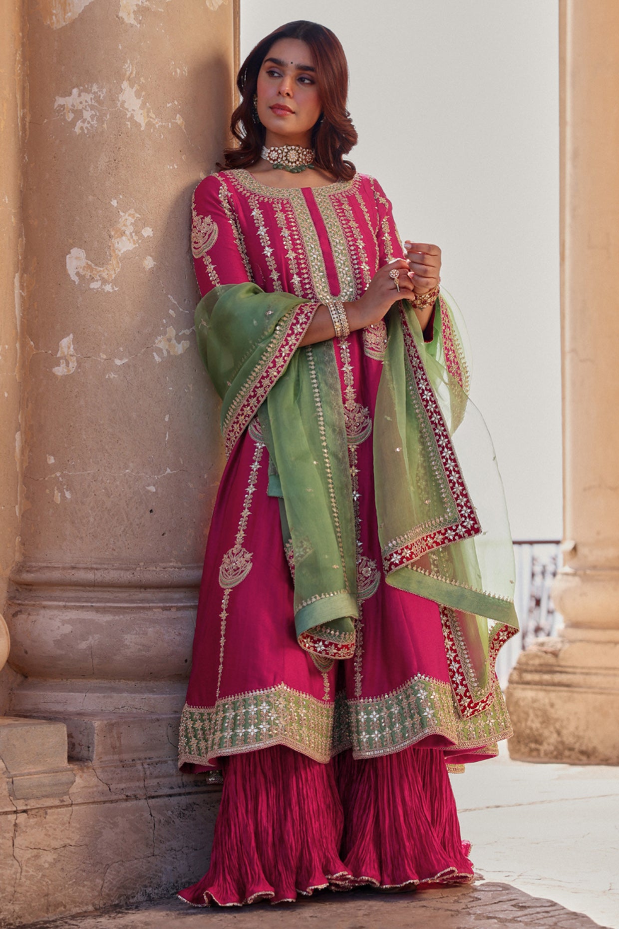 Berry Magenta Spun Silk Marori Work Kurta Set