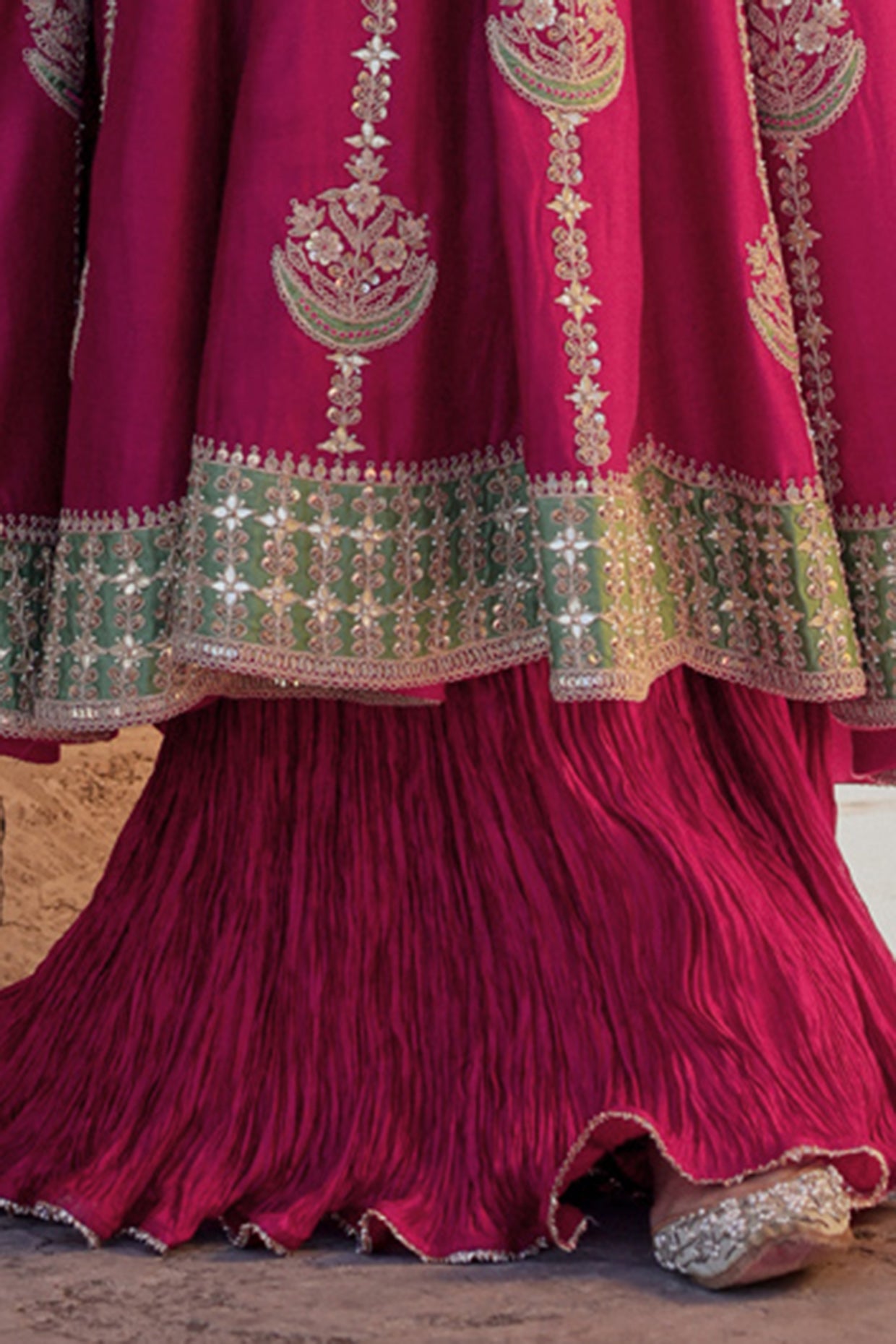 Berry Magenta Spun Silk Marori Work Kurta Set