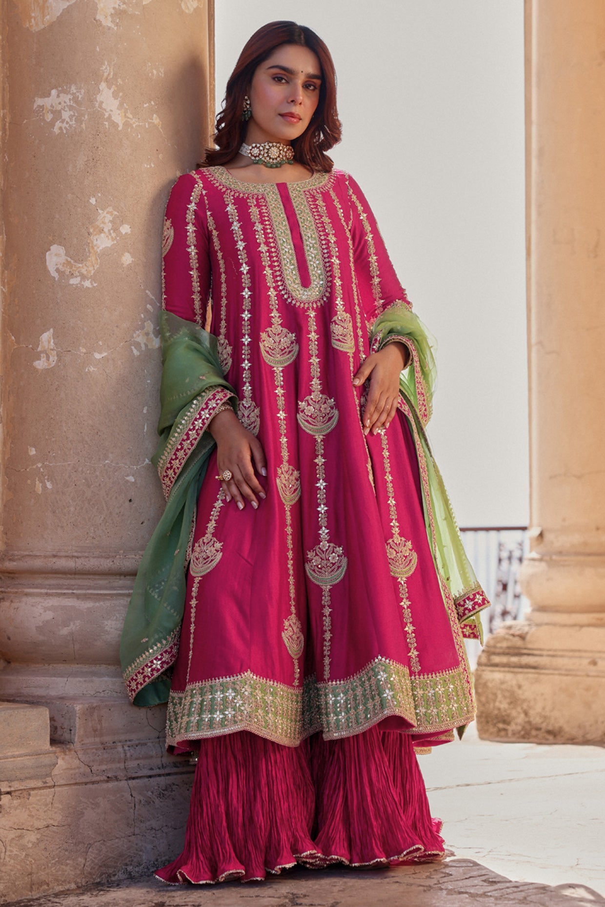 Berry Magenta Spun Silk Marori Work Kurta Set