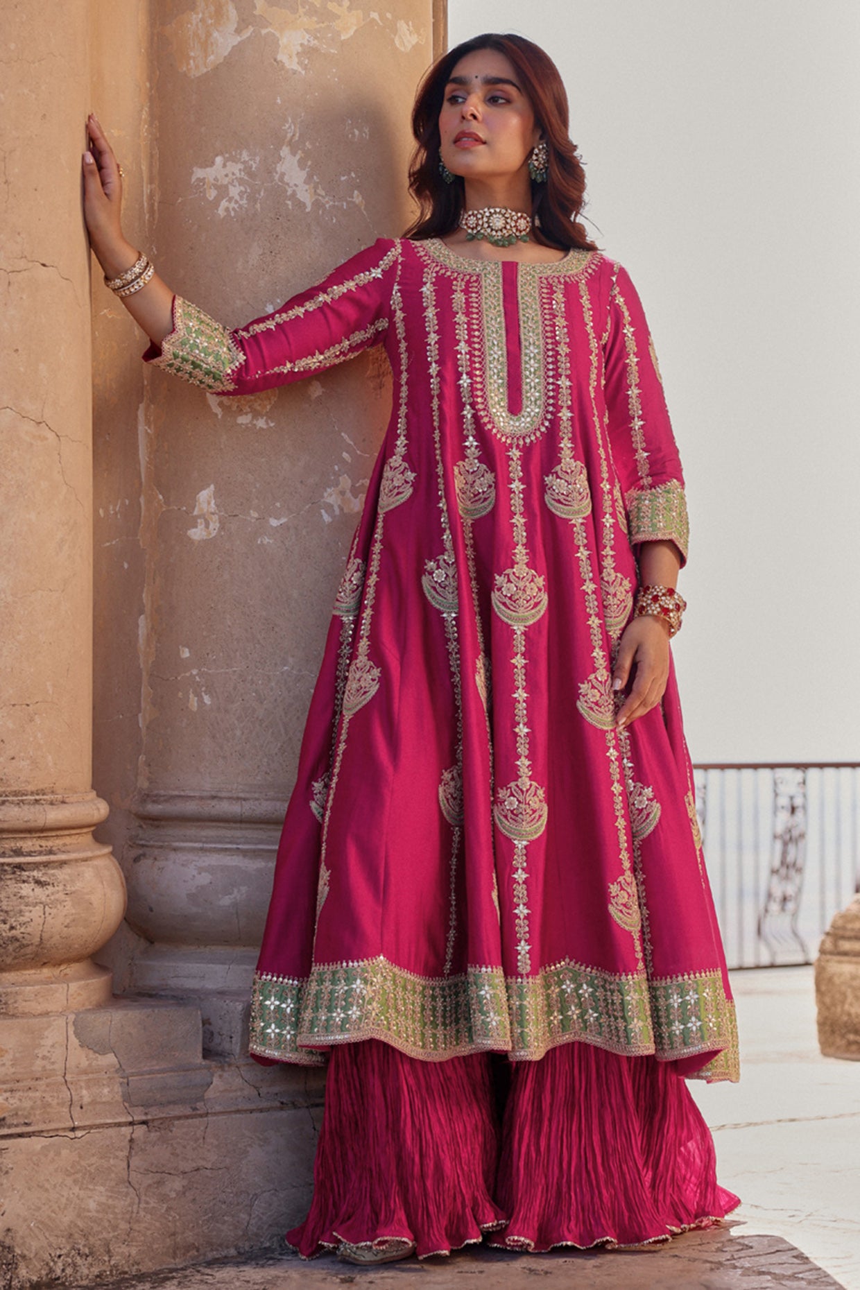 Berry Magenta Spun Silk Marori Work Kurta Set