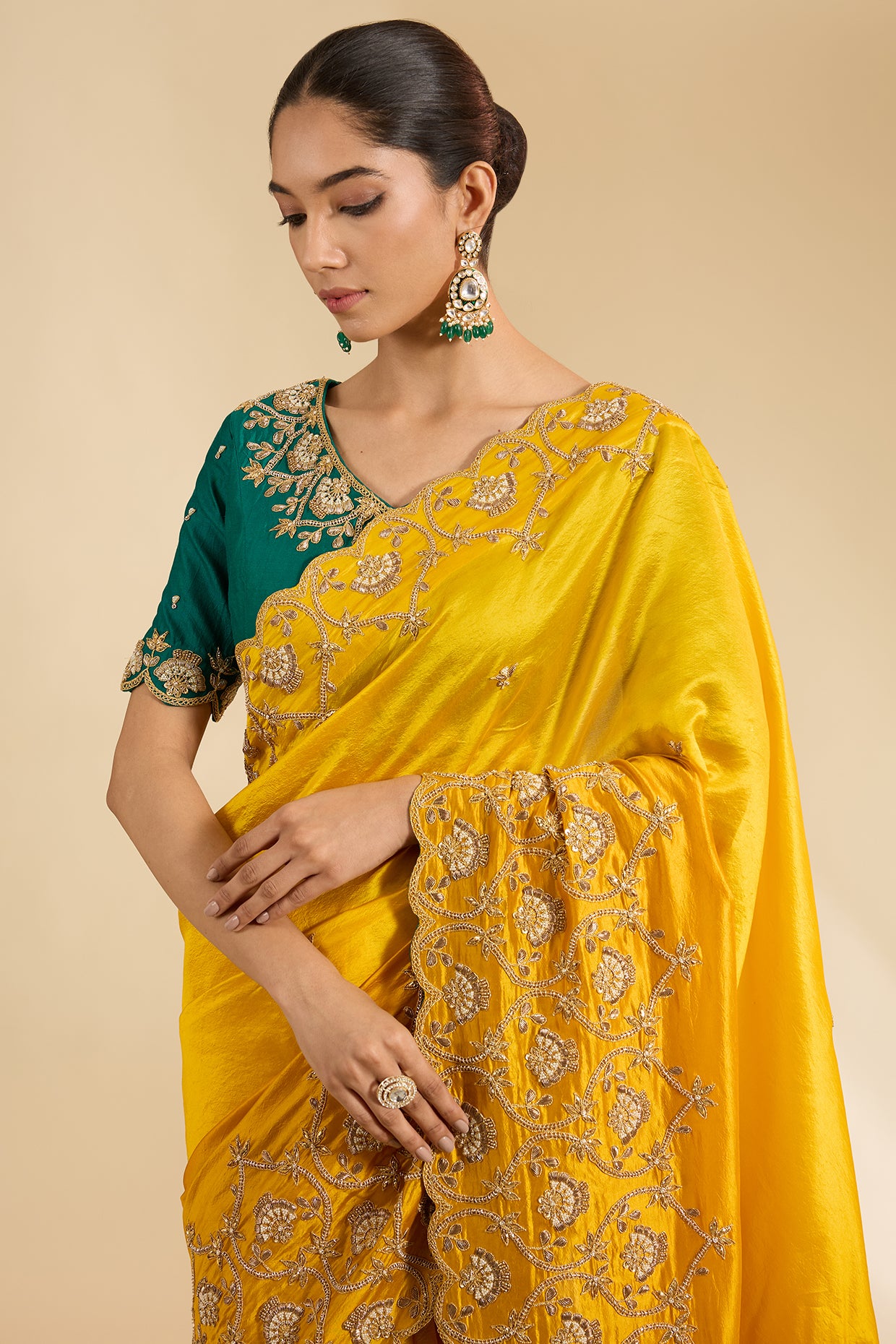 Mango Yellow Kora Silk Marori Zardosi Work Saree Set