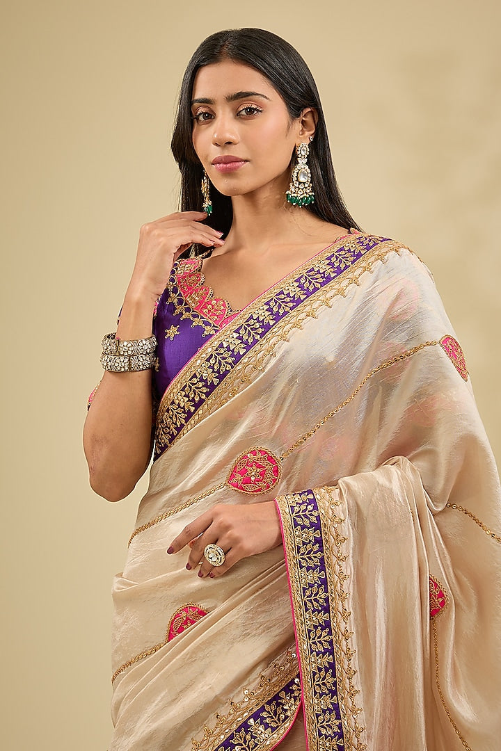 Silver Kora Silk Zardosi Work Saree Set