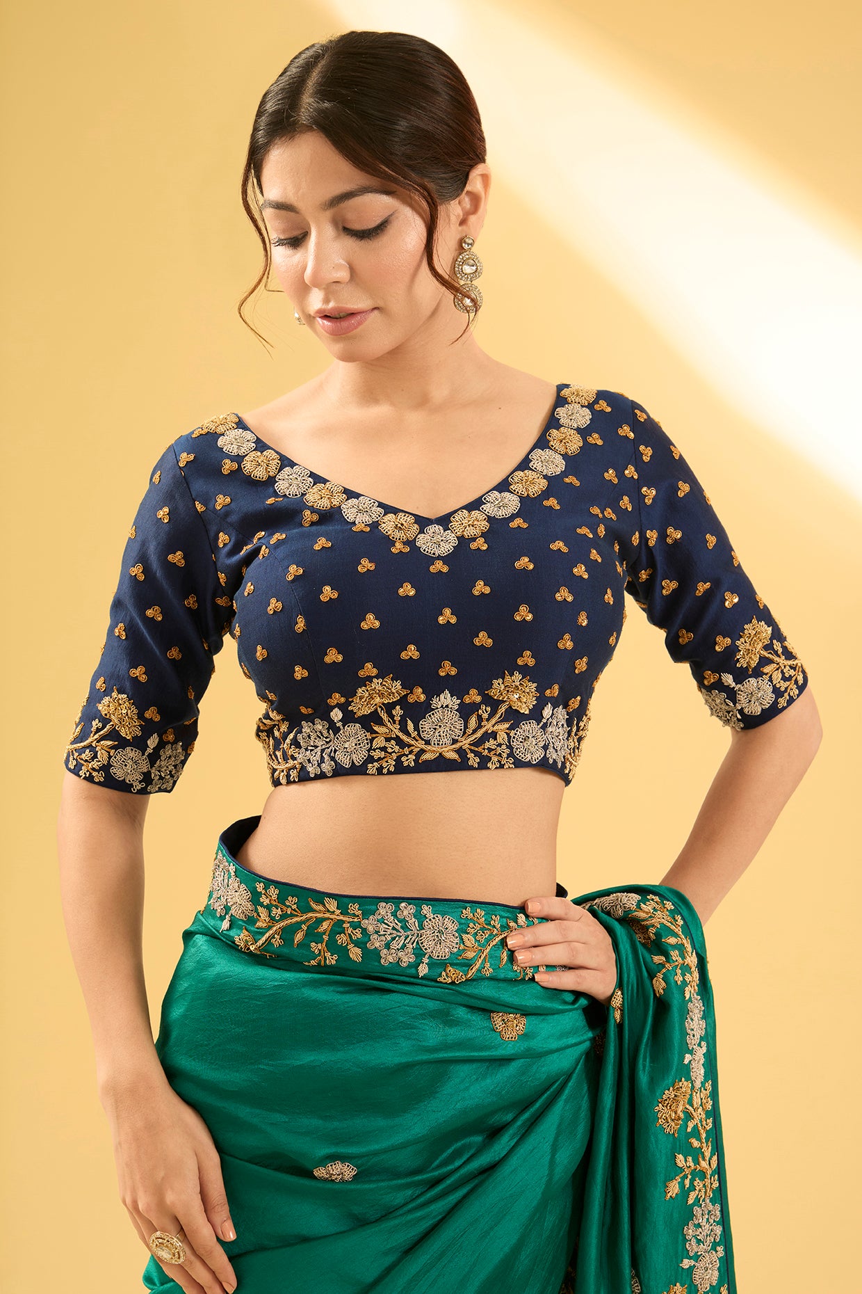 Emerald Green Kora Silk Zardosi Work Saree Set