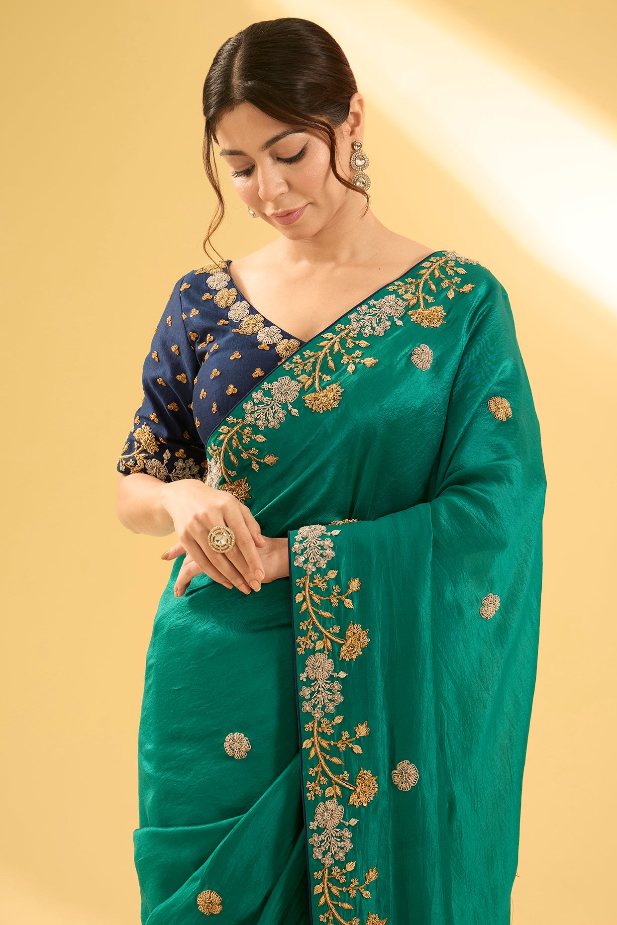 Emerald Green Kora Silk Zardosi Work Saree Set