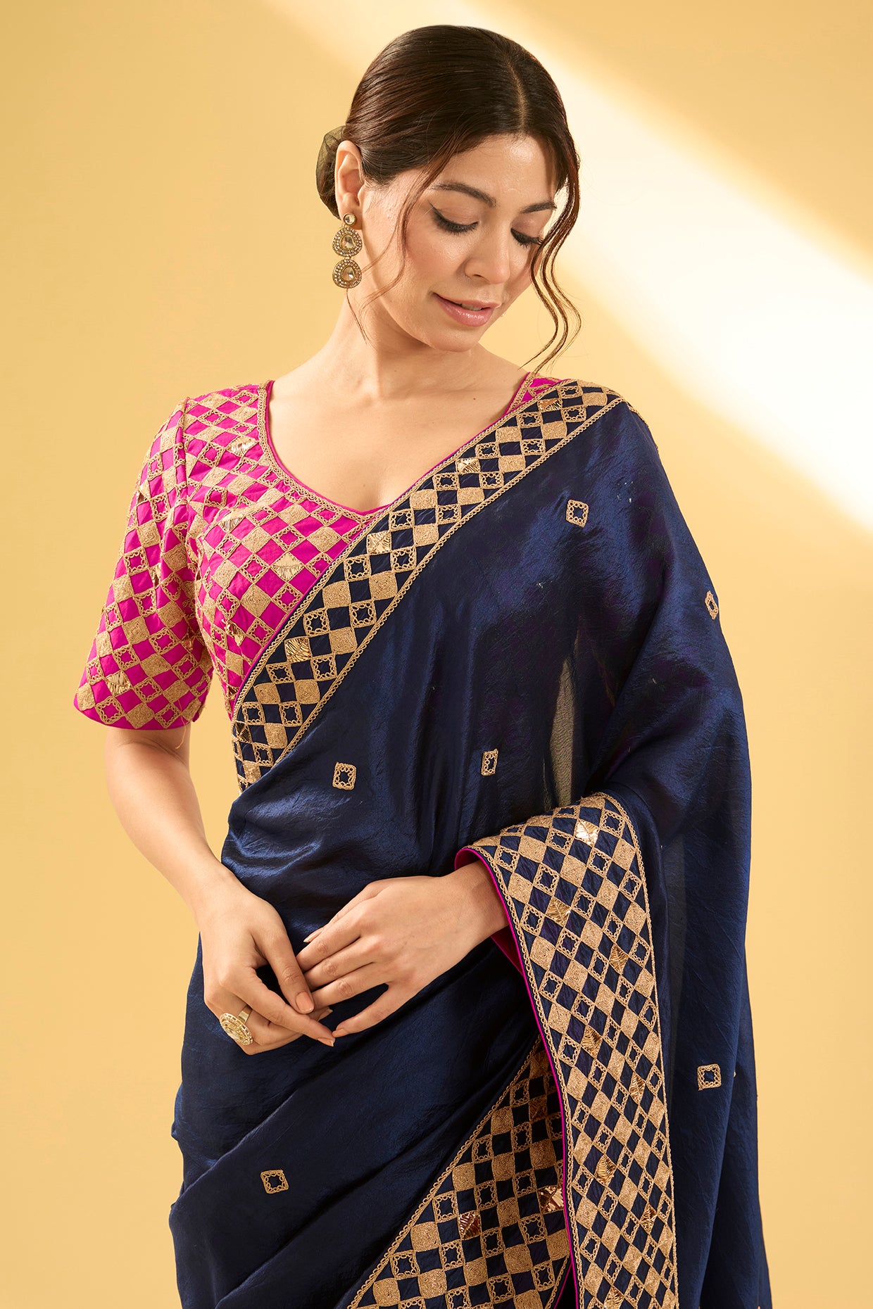 Navy Blue Kora Silk Mukaish & Marodi Work Saree Set