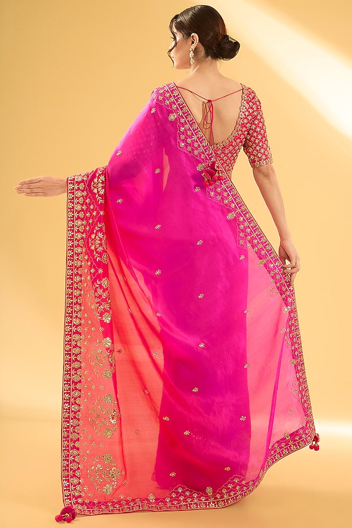 Red & Rani Pink Kora Silk Gota Work Saree Set