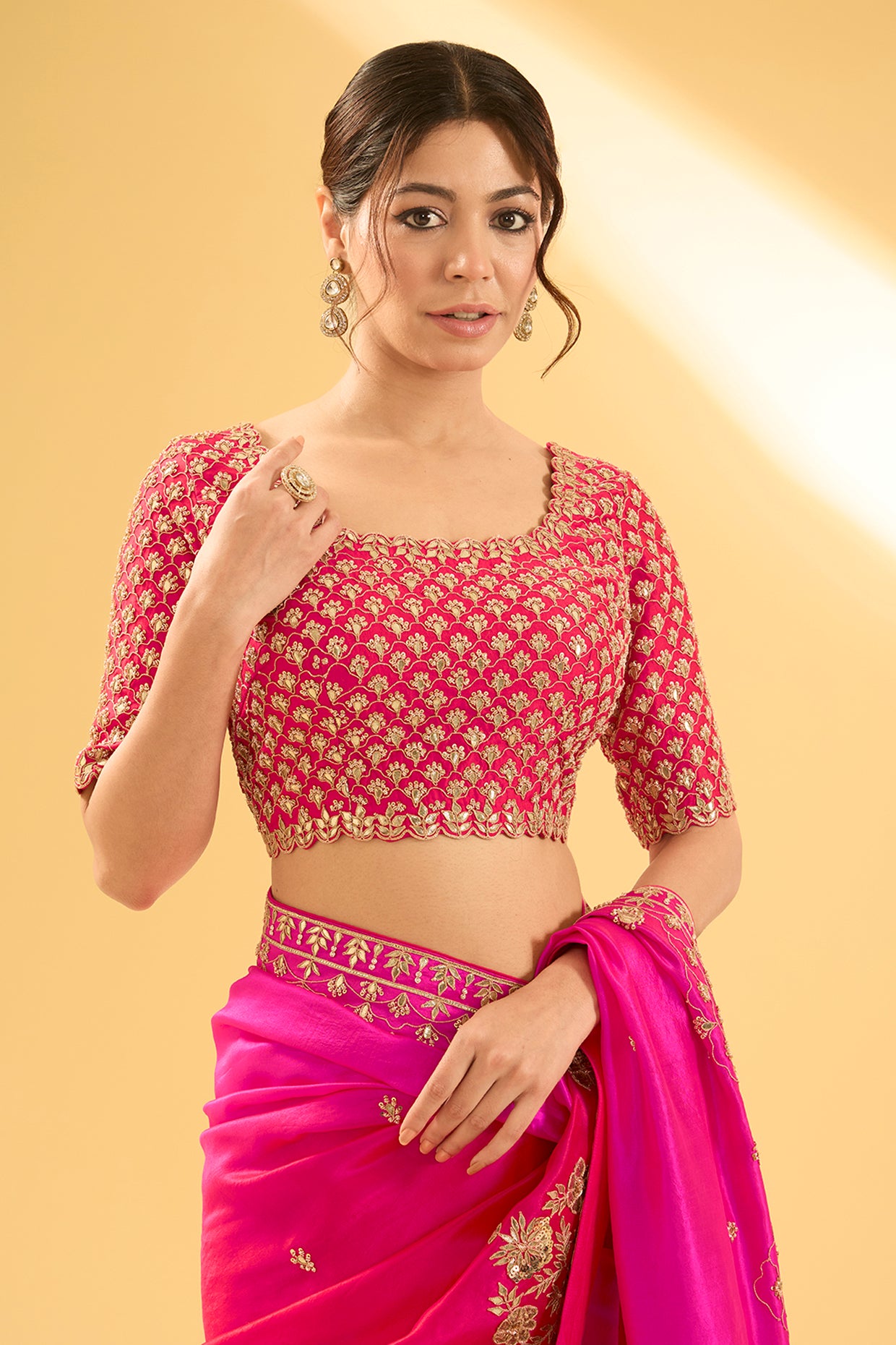 Red & Rani Pink Kora Silk Gota Work Saree Set