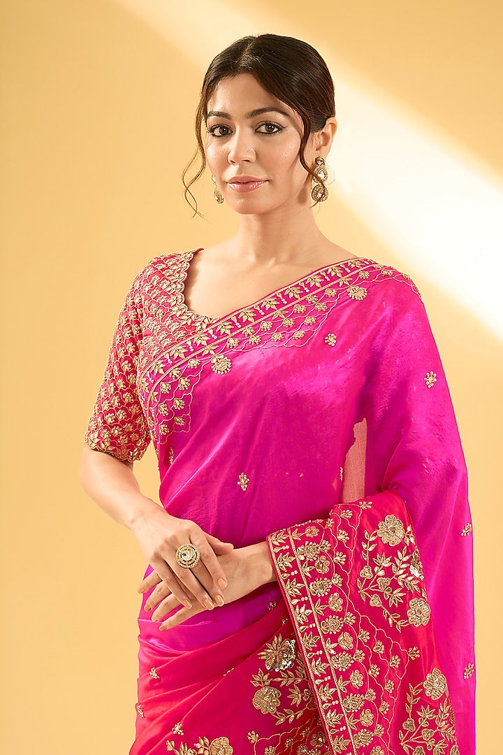 Red & Rani Pink Kora Silk Gota Work Saree Set