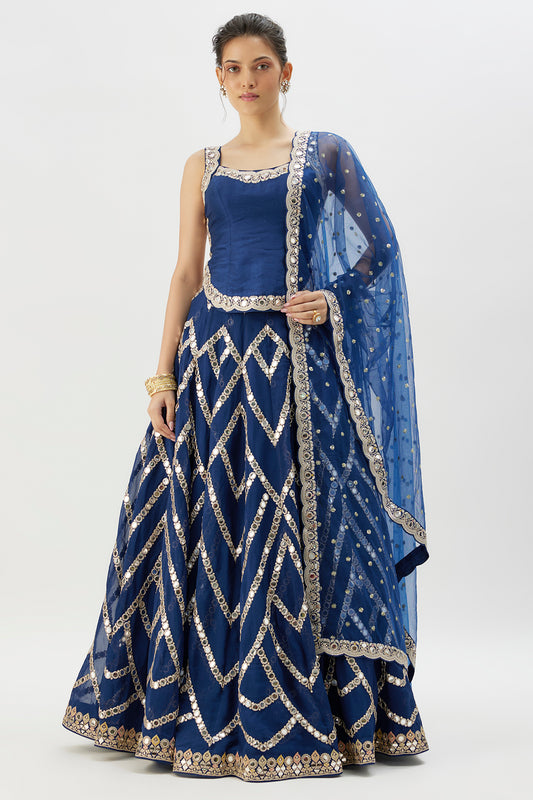 Blue Organza Mirror Embroidered Lehenga Set