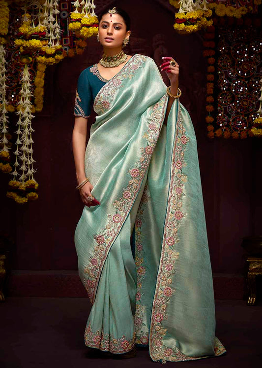 Aqua Blue Kanjivaram Silk Embroidered Designer Saree