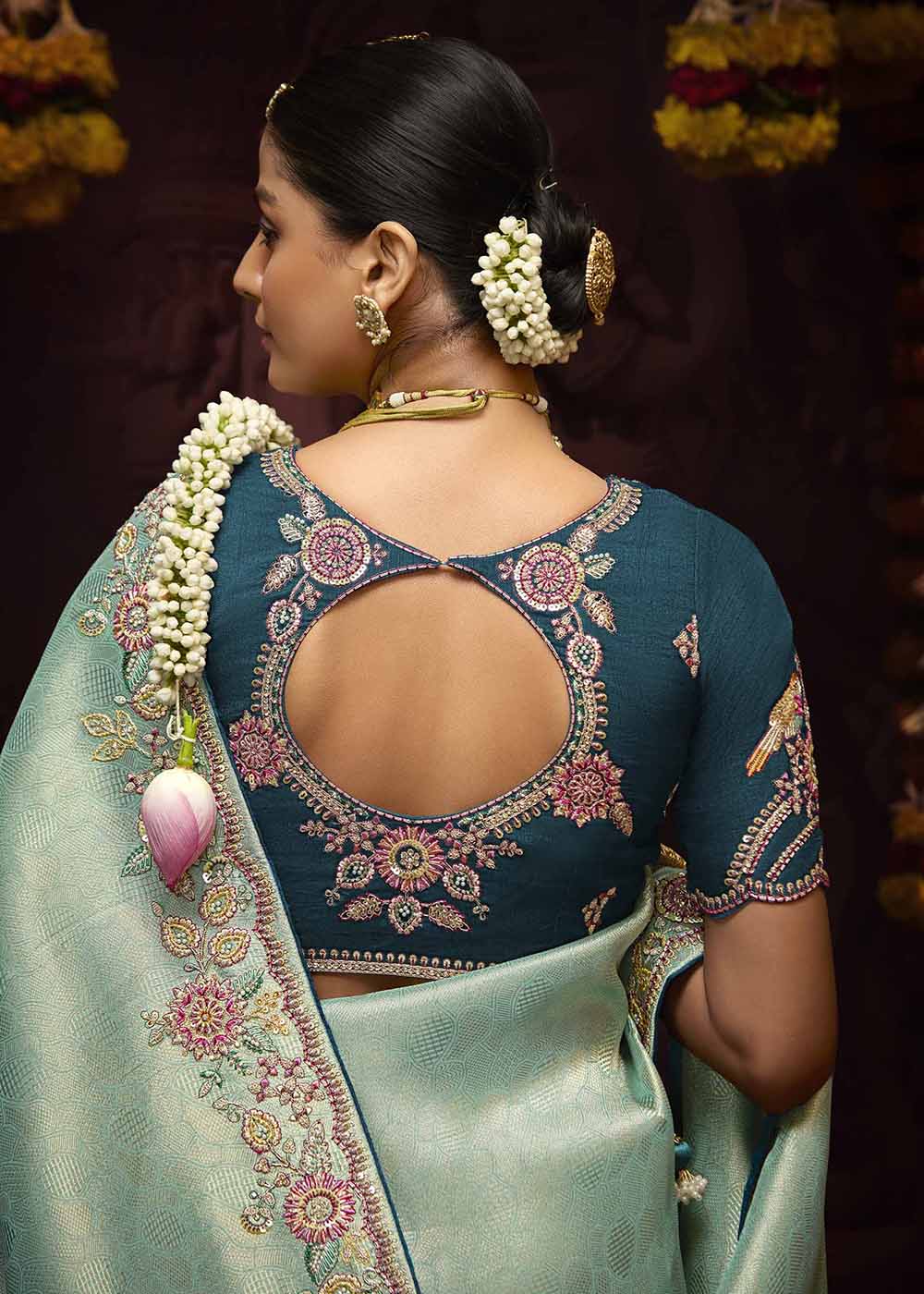 Aqua Blue Kanjivaram Silk Embroidered Designer Saree