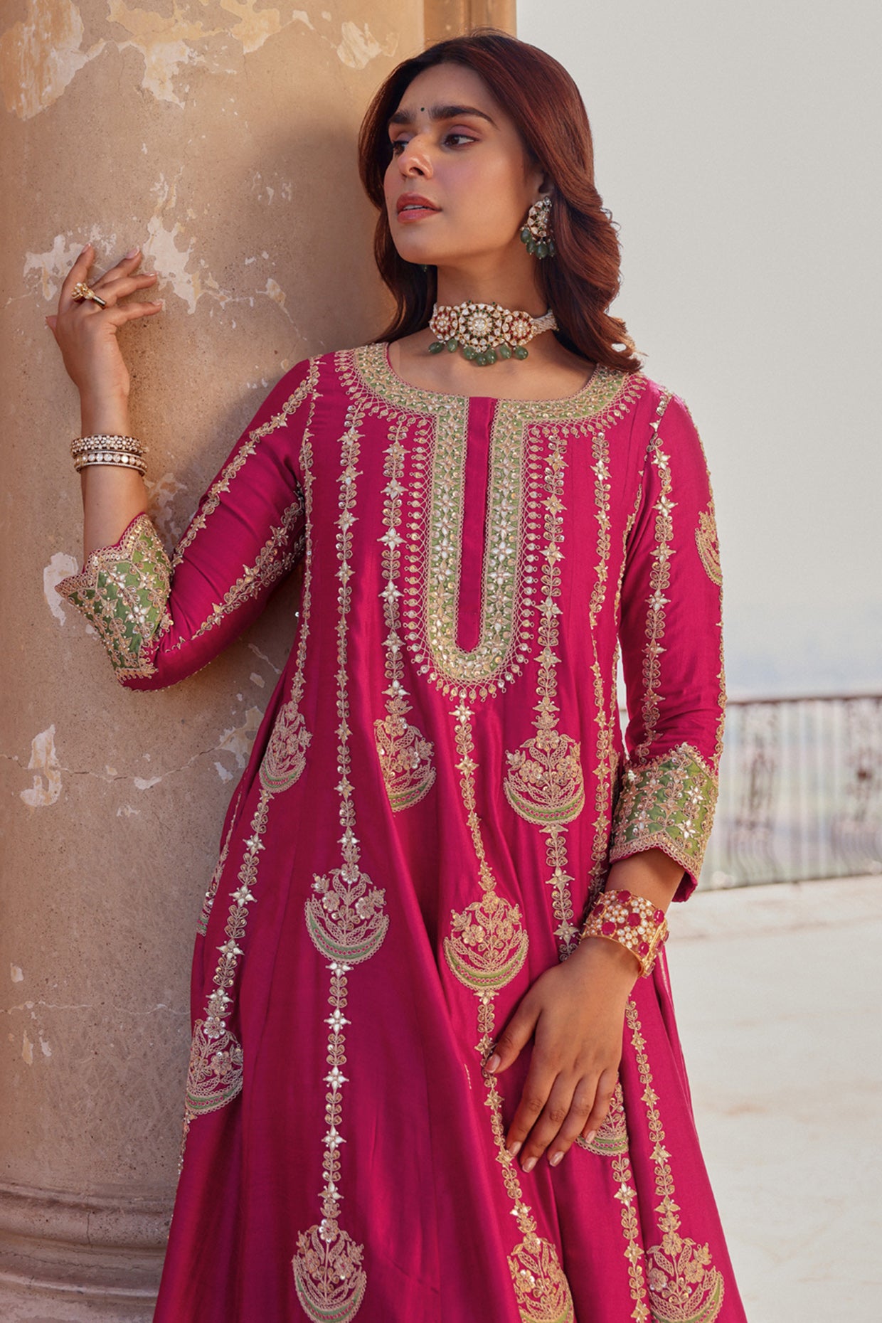 Berry Magenta Spun Silk Marori Work Kurta Set