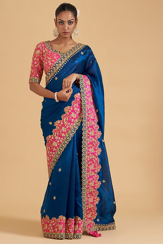 Royal Blue Pure Taffeta Embroidered Saree Set