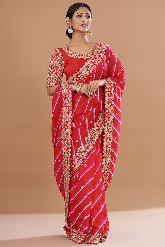 Red Pure Kora Silk Embroidered Leheriya Saree Set