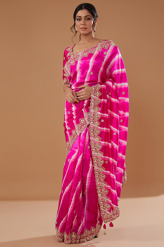 Pink Pure Kora Silk Embroidered Leheriya Saree Set
