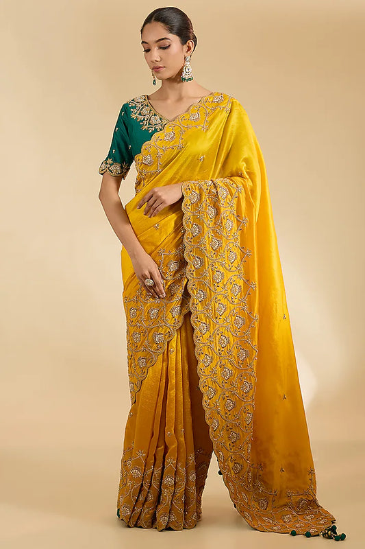 Mango Yellow Kora Silk Marori Zardosi Work Saree Set