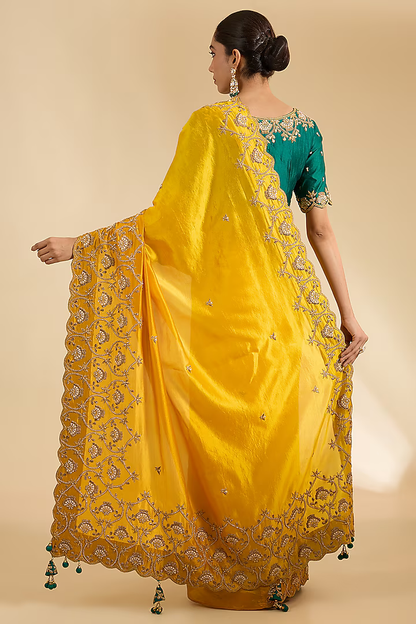 Mango Yellow Kora Silk Marori Zardosi Work Saree Set
