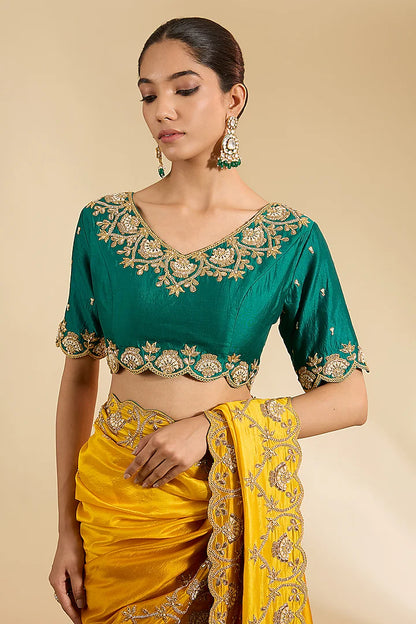 Mango Yellow Kora Silk Marori Zardosi Work Saree Set