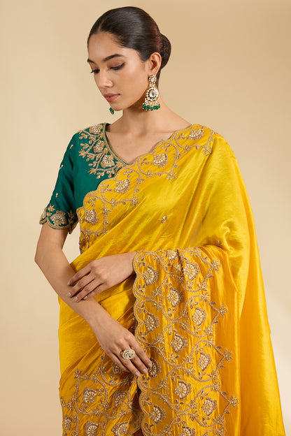 Mango Yellow Kora Silk Marori Zardosi Work Saree Set