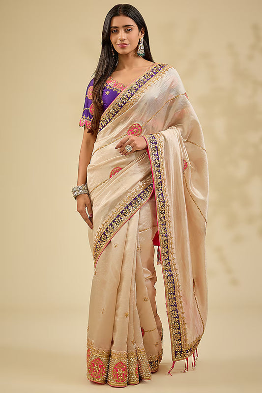 Silver Kora Silk Zardosi Work Saree Set