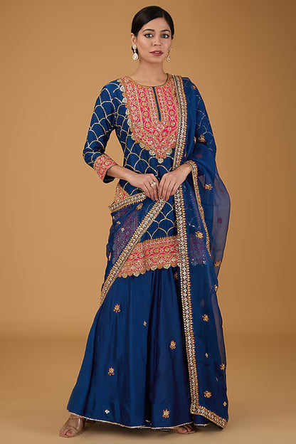 Blue Pure Spun Silk Sharara Set