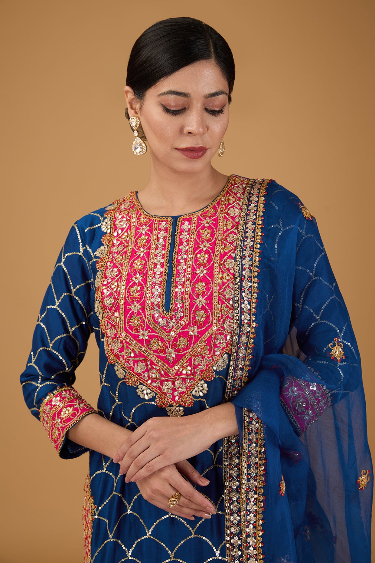 Blue Pure Spun Silk Sharara Set