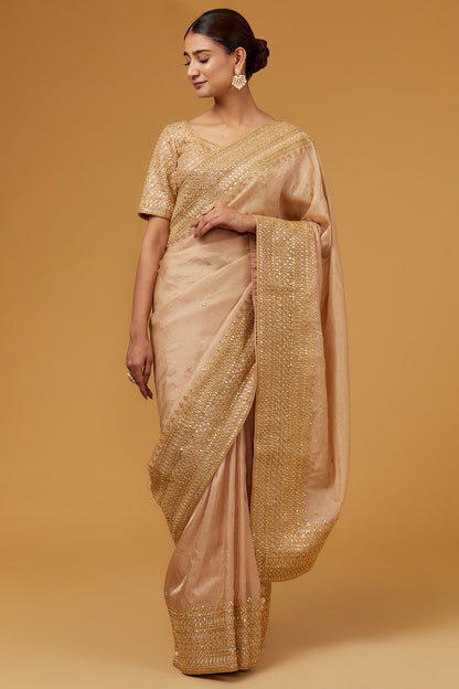 Dull Gold Spun Silk Gota Work Saree Set