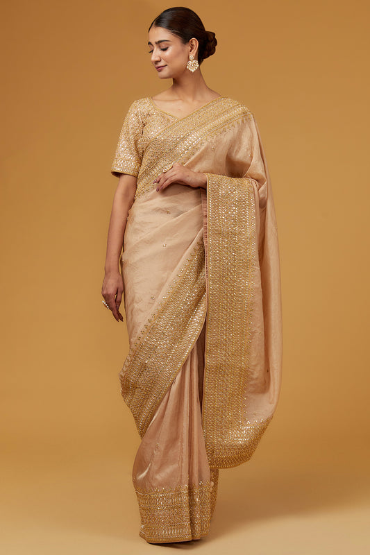 Dull Gold Spun Silk Gota Work Saree Set