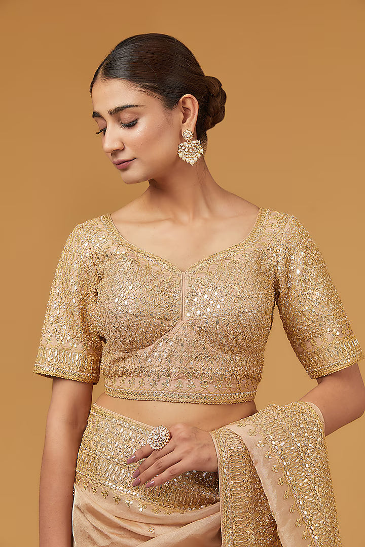 Dull Gold Spun Silk Gota Work Saree Set