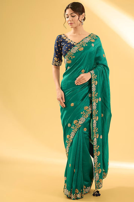 Emerald Green Kora Silk Zardosi Work Saree Set