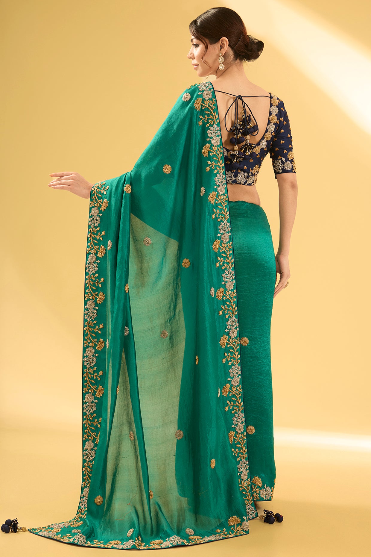 Emerald Green Kora Silk Zardosi Work Saree Set