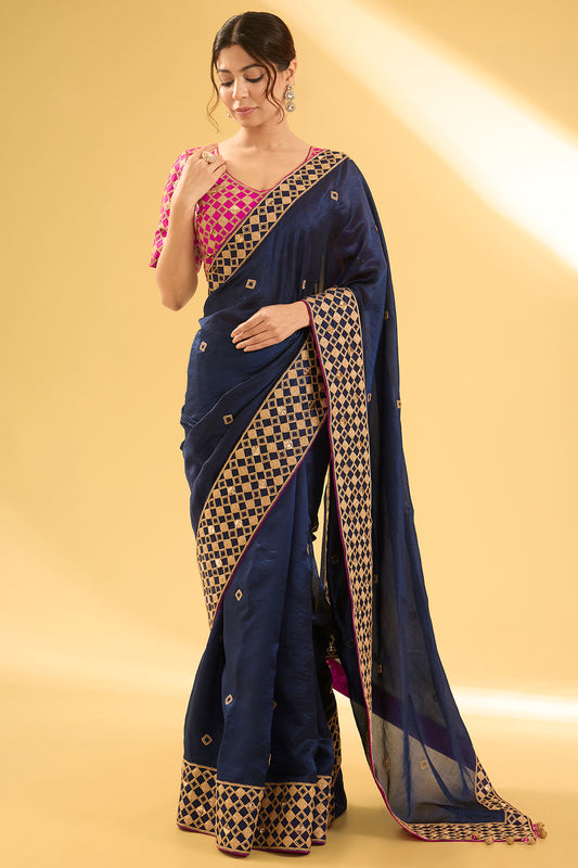 Navy Blue Kora Silk Mukaish & Marodi Work Saree Set