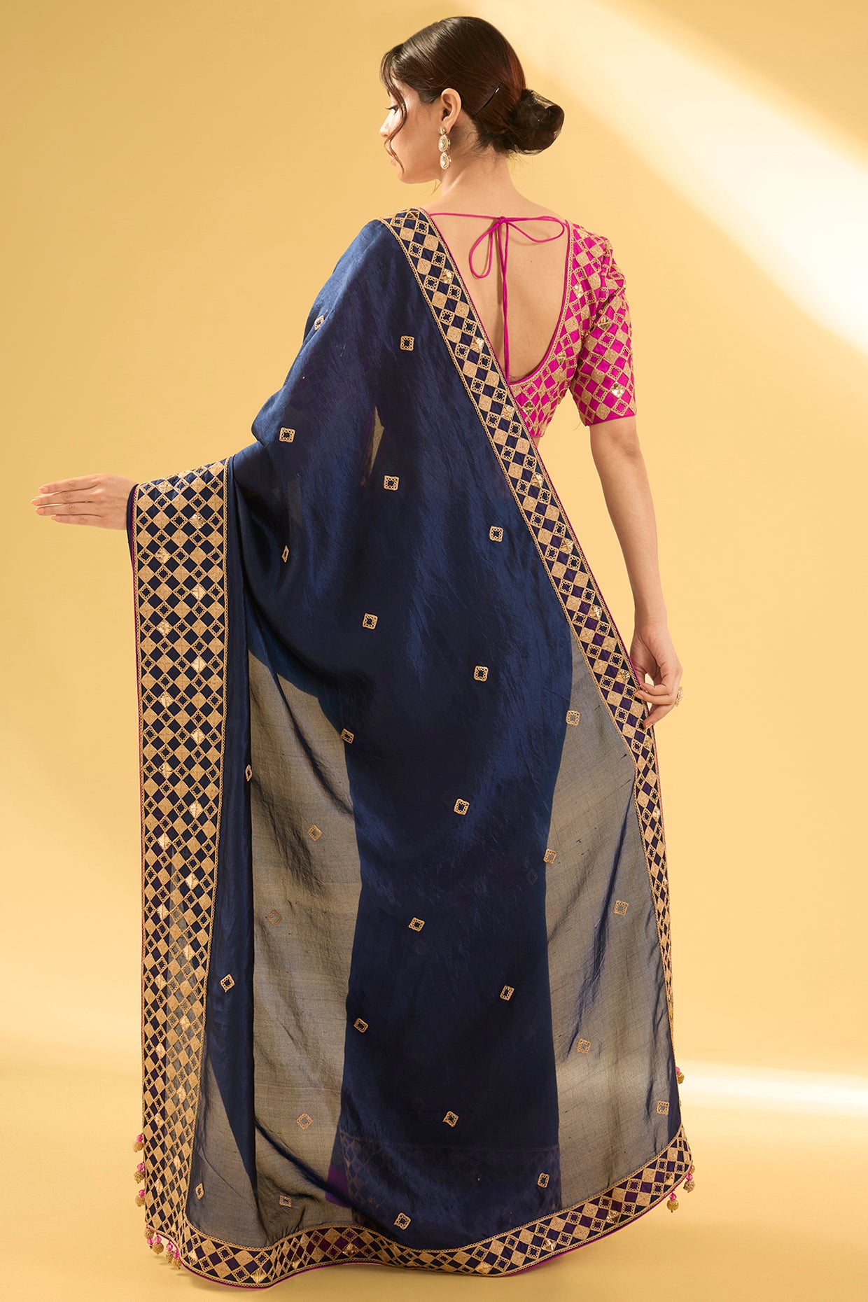 Navy Blue Kora Silk Mukaish & Marodi Work Saree Set
