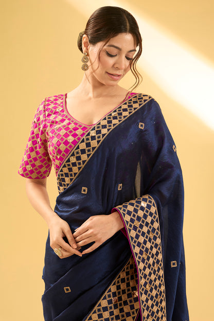 Navy Blue Kora Silk Mukaish & Marodi Work Saree Set