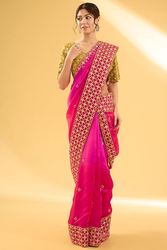Red & Rani Pink Kora Silk Mukaish Work Saree Set