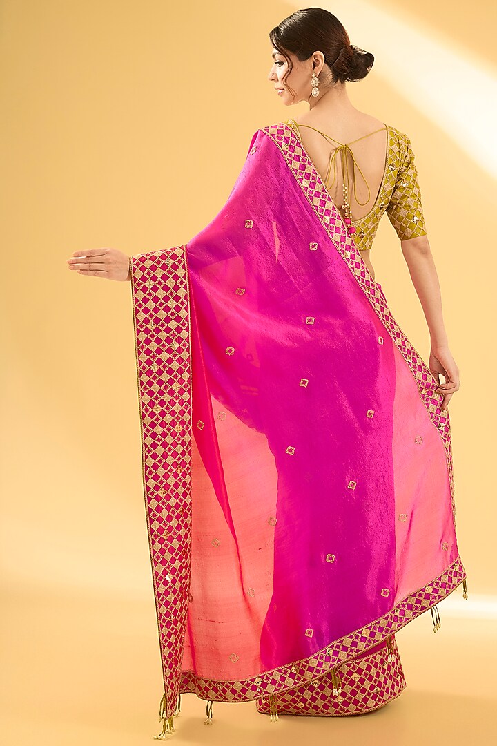 Red & Rani Pink Kora Silk Mukaish Work Saree Set