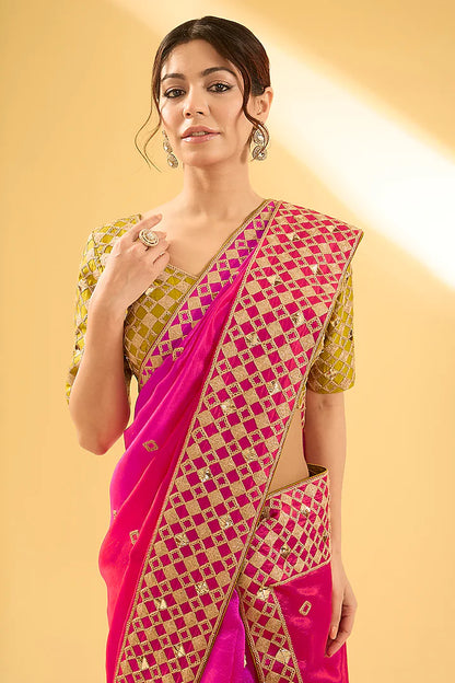 Red & Rani Pink Kora Silk Mukaish Work Saree Set