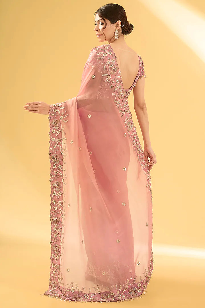Old Rose Gold Satin Organza Sequins Work Saree Set