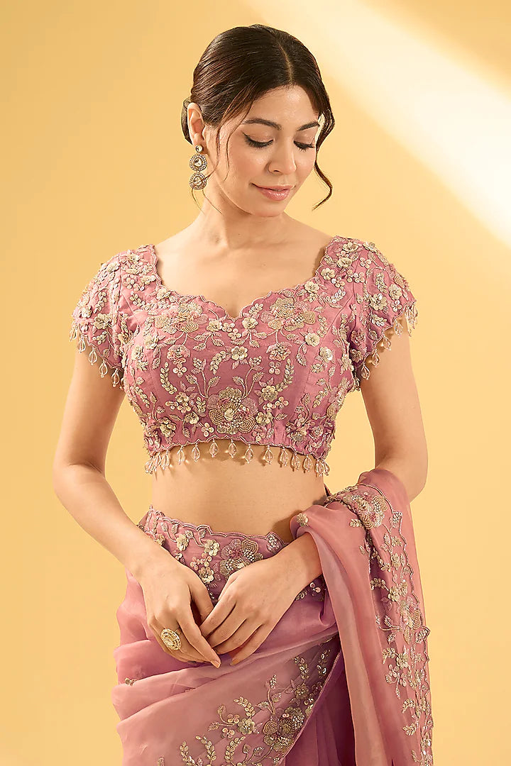 Old Rose Gold Satin Organza Sequins Work Saree Set