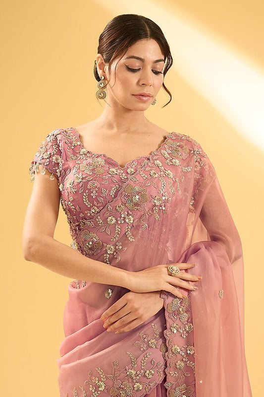 Old Rose Gold Satin Organza Sequins Work Saree Set