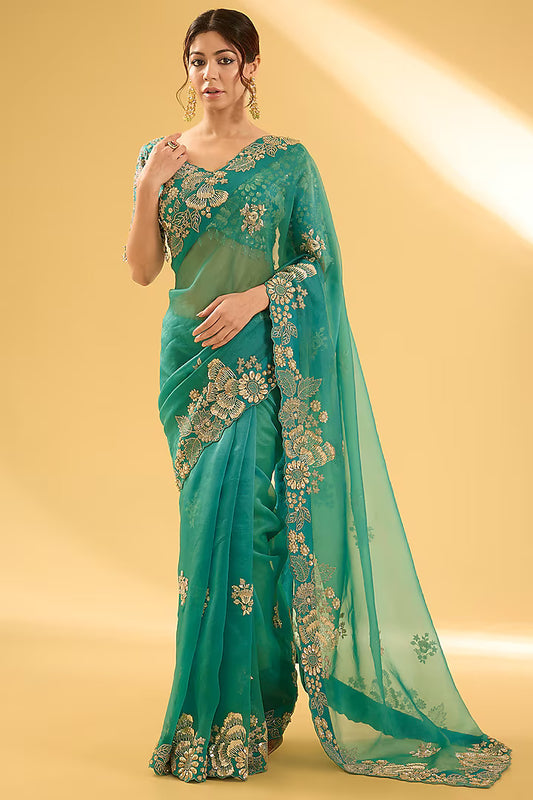 Sea Blue Organza Sequins Work Saree Set