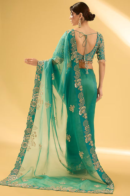 Sea Blue Organza Sequins Work Saree Set