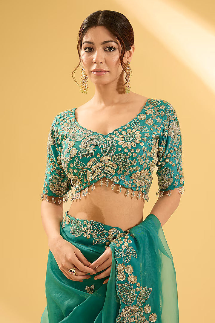Sea Blue Organza Sequins Work Saree Set