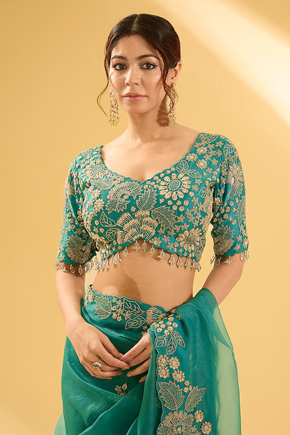 Sea Blue Organza Sequins Work Saree Set